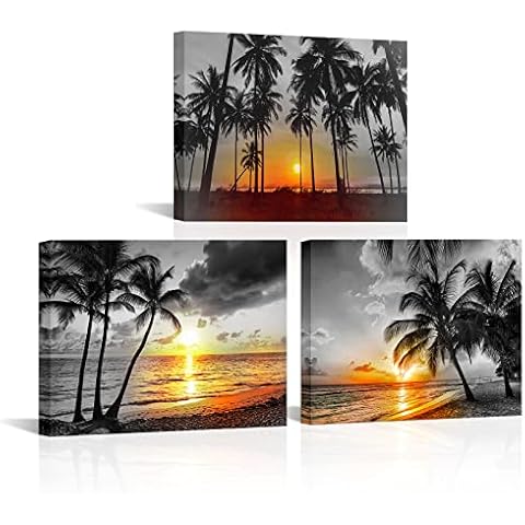 RnnJoile 3 Panel Black and White Beach Canvas Wall Art Gold Palm Tree Sunset at Tropical Seaside Painting Pictures Framed Hawaii Theme Print Artwork for Home Office Decor 12"x16" Cover