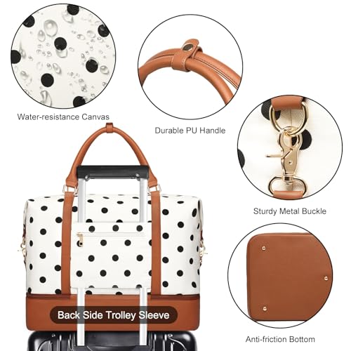 Bosidu 3Pcs Set Polka Dots Weekender Bags for Women with Toiletry Bag & Shoe Compartment Canvas Overnight Bag Travel Duffle Bag Mommy Hospital Bags for Labor and Delivery, Beige by Bosidu - Image 6