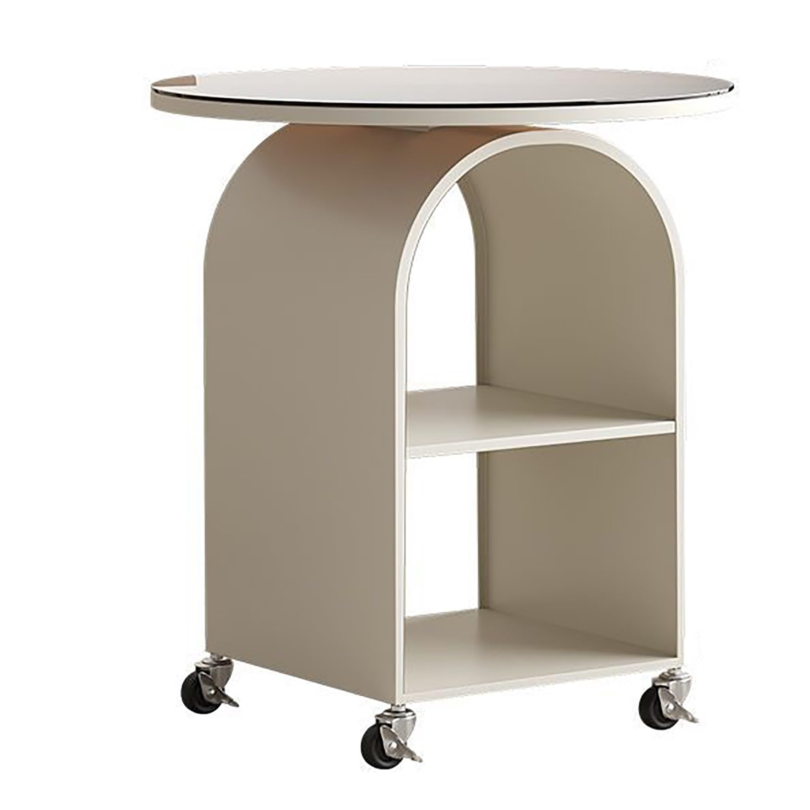 SXZenSpace Rolling End Table with Wheels Arched Design Sofa Side Round Glass Tabletop rolling for Living Room Bedroom(Bianco)