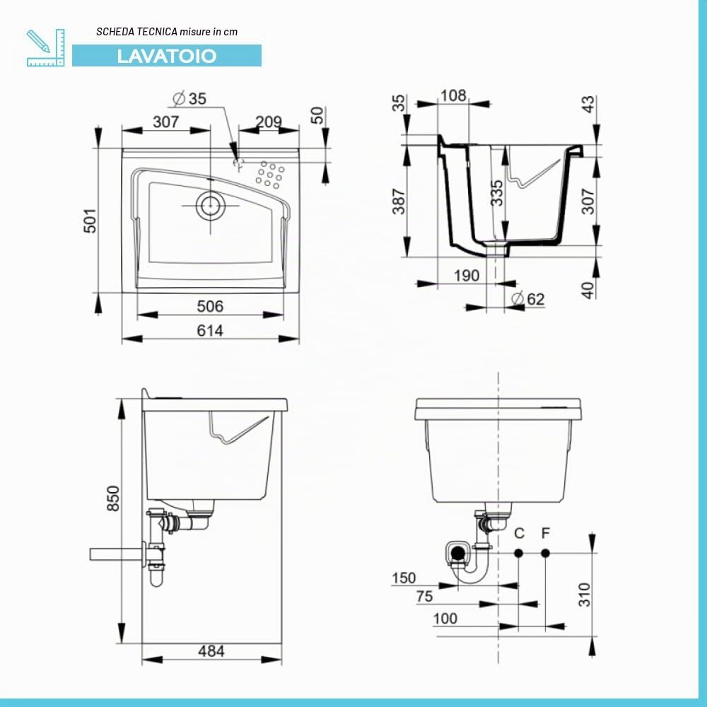Mobile Lavatoio 61x50 Cm Con Vasca In Ceramica Linea Revine, Struttura Già Montata In Legno Nobilitato Bianco Con 2 Ante E Maniglie Cromo, Completo Di Asse Lavapanni