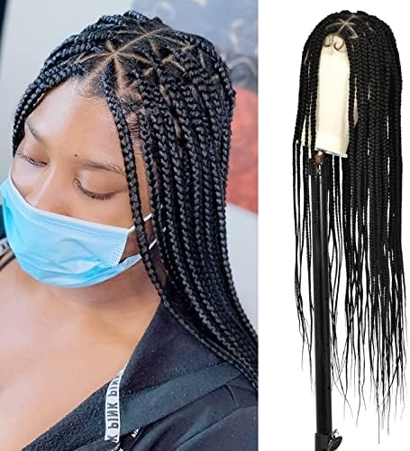Brinbea 36" Full Double Lace Triangle Knotless Box Braided Wigs with Baby Hair for Women Lace Front Cornrow Braided Synthetic Wig Black Box Braided Hair Wigs for Women