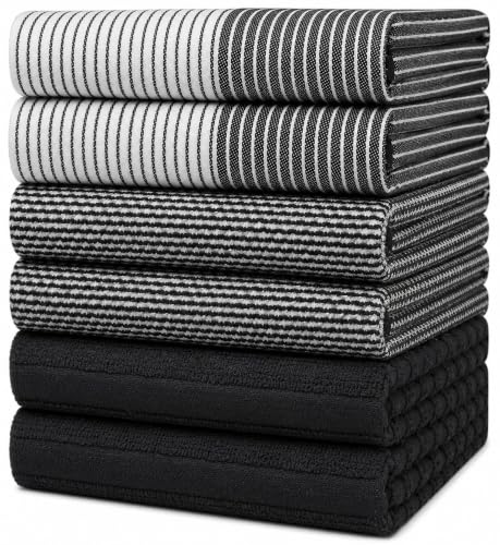 Premium Kitchen Towels 6 Pack 100% Cotton, 20"x28" Dish Towels - Black