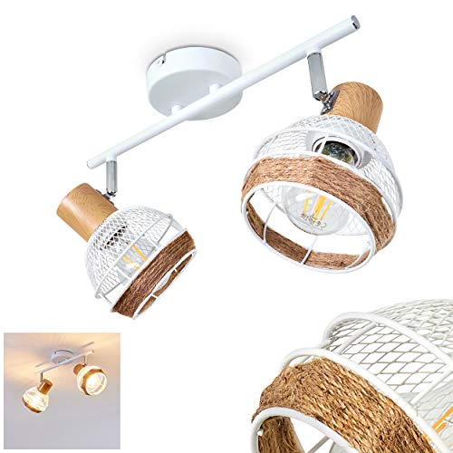 Plafonnier Bariloche en bois, raffia & métal blanc, 2 spots de plafond pivotants créant un effet lumineux au plafond par les abat-jours grillagés, pour 2...