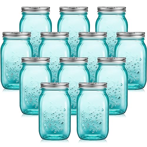 Tessco 12 Pcs Bulk Mason Jars Decorative for Centerpieces 16 oz Glass Pint Canning Containers with Lids Regular Mouth for Food Storage, Wedding Halloween Christmas DIY Crafts (Teal)