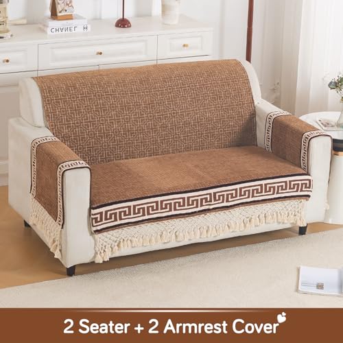 Image of HOKIPO 'Imperial Tassel Series' Thick & Soft Chenille Jacquard Sofa Cover 2 Seater Set for Seat, Back & Arms with Tassels, Russet Brown (IN-1010 + IN-1012-I1*2)