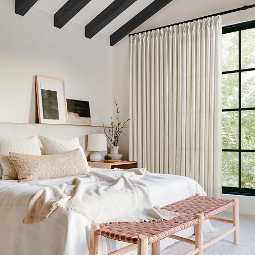Image of 100 Inch Width 102 Inch Long Extra Wide Pinch Pleat Linen Curtains | for Living Room, Beige, Tan, Oatmeal, Light Filtering, Privacy, Pleated, Back Tab, for Sliding Glass Door, 1 Panel