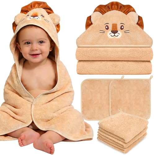 Image of 4 Pcs Baby Towels and Washcloths Set, Soft Baby Bath Towels Set(Brown Lion) | 1PC Animal Hooded Baby Bath Towels, 3PCS Baby Washcloths, Ultra Absorbent Baby Towels, Baby Bath Essentials for Boy & Girl