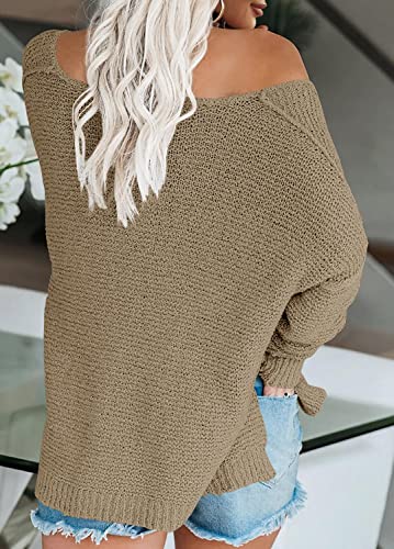 Image of Women's Off Shoulder Knit Sweaters Oversized V Neck Long Sleeve Loose Lightweight Pullover Tops