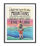 I Lift My Eyes to the Mountains - Psalm 121 Christian Art Print, Unframed, Vintage Bible Page Verse Scripture - Hiker Hiking Artwork, Christian Wall and Home Decor, 8x10 Inches