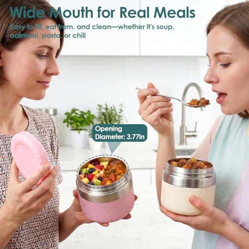 Image of 24 oz Insulated Food Jar, Stainless Steel Lunch Container, Pink | 18 /8 Stainless Steel, Leakproof Lid, Wide Mouth, Silicone Sleeve, Measurement Marks, Hot & Cold Food, Soup, Dishwasher Safe