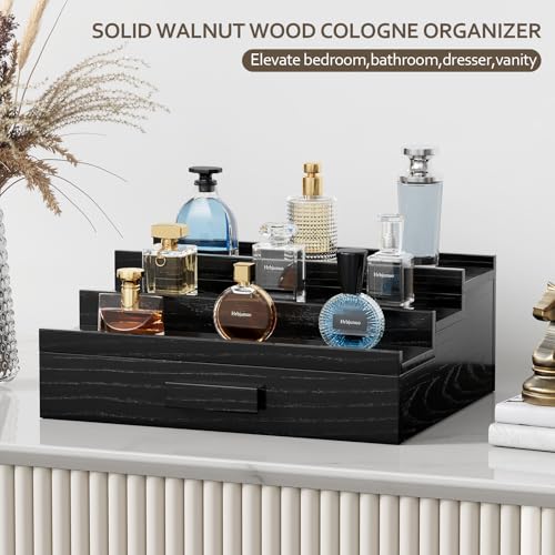 Image of Solid Walnut Cologne Organizer for Men, 3 Tier Cologne Stand Display Shelf | Wood Perfume Organizer, Cologne Holder with Drawer Storage and Hidden Compartment,Gift for Men Dad Husband Boyfriend, Black