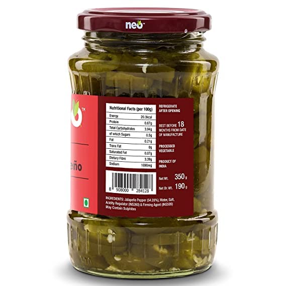 Image of Neo Sliced Jalapenos, Ready-to-Eat Fibre-Rich Topping for Snacks and Salads, Jar, 350g (Pack of 2)