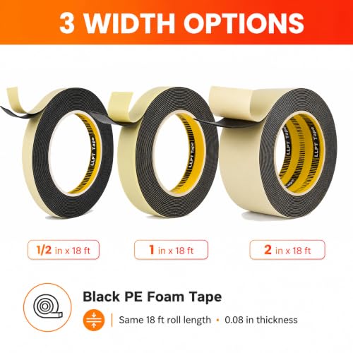 Image of LLPT Double Sided Foam Tape 1 /2 inch x 18 Ft Black | Heavy Duty, Strong Bonding, Waterproof, Weather Resistant for Banners Posters Alarm Sensors LED Strips and Home Office Decor