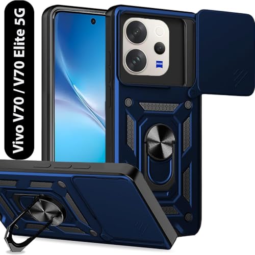 Image of Luxe Back Cover Compatible for Vivo V70 5G / Vivo V70 Elite 5G | D10 Tough Armor Case | Sliding Camera Shield | 360 Protection | Kickstand Ring Holder | Military-Grade Bumper Case - Blue