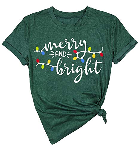 Maihun Christmas Shirts Womens Merry And Bright Shirt Xmas Holiday Tshirt Christmas Lights Tee Tops Green thumb #2