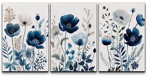 NWT Canvas Print Wall Art Set Navy Blue Wildflower Lily