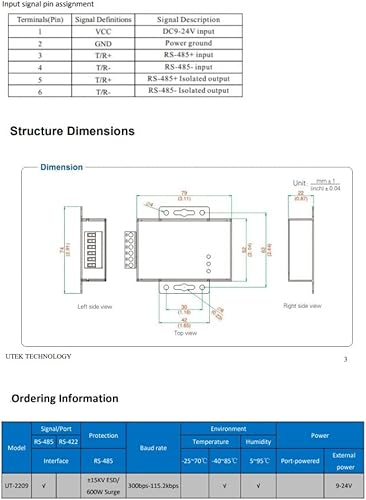Miniatura 4 de UTEK UT-2209 RS-485 Repetidor fotoeléctrico de datos de aislamiento