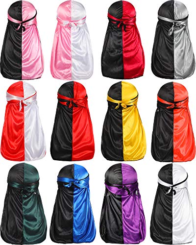 12 Pieces Silky Durag Two Tone Pirate Cap Long Tail Headwraps for Men and Women Silky Durag Hip-Hop Rapper Doo Rag Sleep Hat, 12 Colors