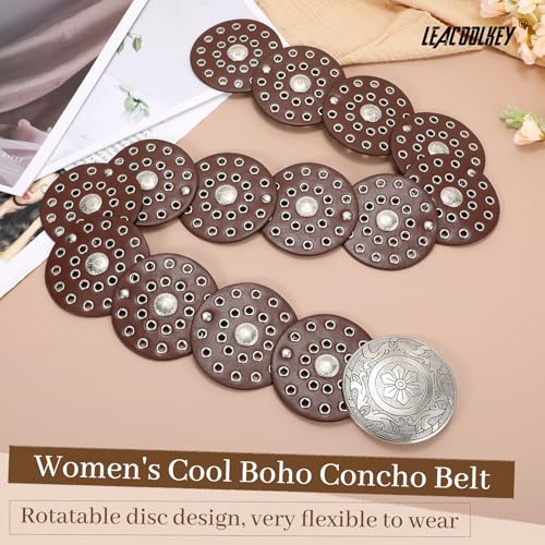 Image of LEACOOLKEY Women's Boho Disc Belt Wide Western Leather Belt Vintage Concho Waist Belts for Dress Jeans