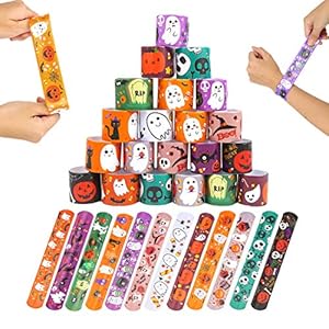 VEYLIN 24 Pieces Halloween Slap Bracelets Wristbands with Pumpkin, Ghost, Spider, Bat, Skeleton Designs, for Kids Halloween Party Favors, Classroom Prizes, Trick or Treat Gifts (Assorted 12 Styles)