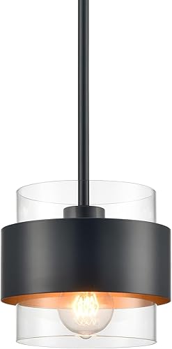 CLAXY Luces colgantes para isla de cocina, barra negra, lámpara colgante de cocina, pantalla cilíndrica de vidrio transparente