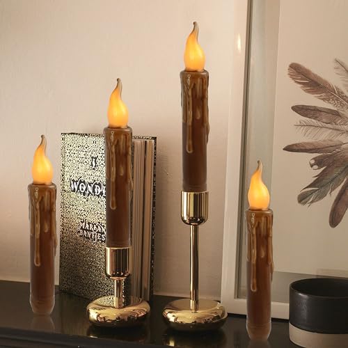 Image of Decor Real Wax LED Flameless Fall Short Taper Candles with Remote, 6.7 Inches Brown Candlesticks, Dripless Battery Operated Flame Rustic Primitive Flameless Lights Decor, Pack of 2