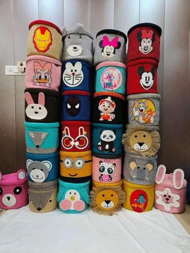 Image of Aroma Brand Kids Lid Hamper with Beautiful Characters - Rope Storage Hamper for Baby Diaper, Stuffed Animal Storage Bin Rope Hamper for Kids Toy, Baby Laundry Hamper with Lid (Bear)