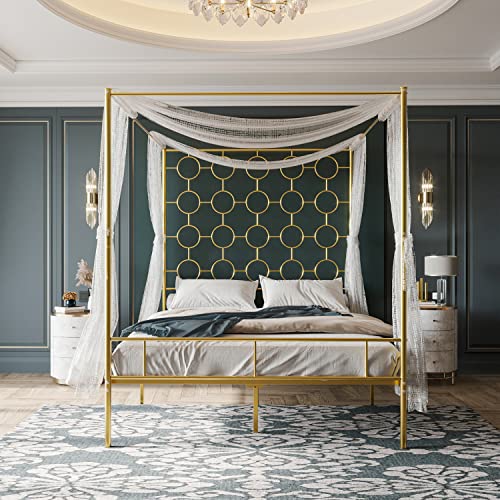 Paukin Marco de cama de metal dorado Queen/base de colchón con soporte de listones de acero/no necesita somier/fácil montaje, tamaño Queen