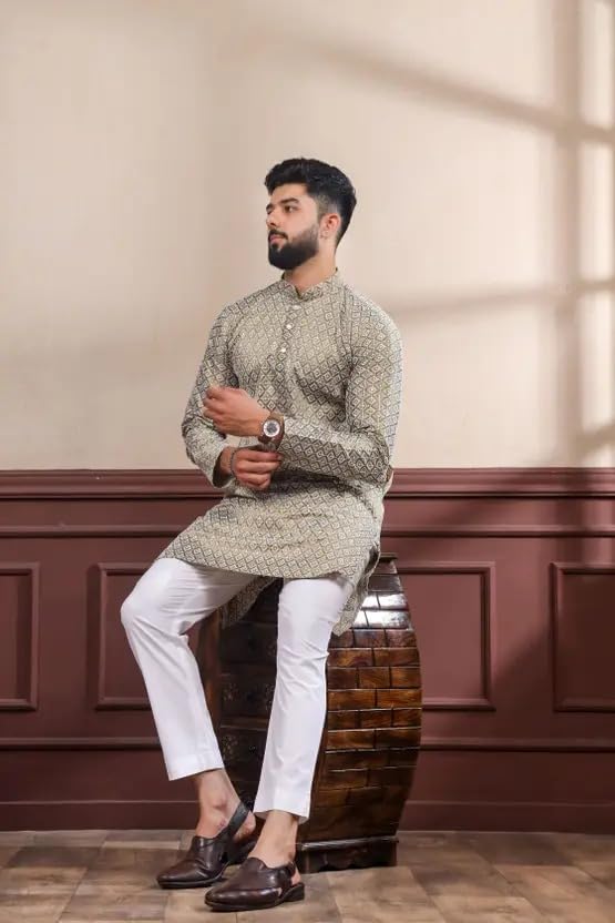 Image of LookMark Men's Printed Silk Blend Kurta with Mandarin Collar, Full Sleeves, Straight Fit Traditional Ethnic Wear