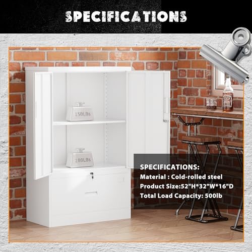 Image of INTERGREAT Metal Storage Cabinet with Drawer,52 inch H*32 inch W*16 inch D File Cabinets,Steel Locking Storage Cabinet with Doors and Shelves for Home,Office,Garage,School,Fit A4 /Letter /Legal File (White)