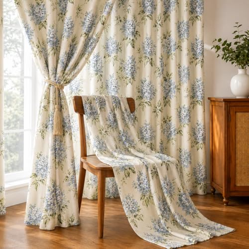 Image of THE LINEN COMPANY Cotton Sheer Curtains with Linen Texture, Transparent Window Drapes, Rod Pocket Design, Light Filtering & Privacy Protection, Flower Heven Blue, 6.5 Feet, Pack of 1