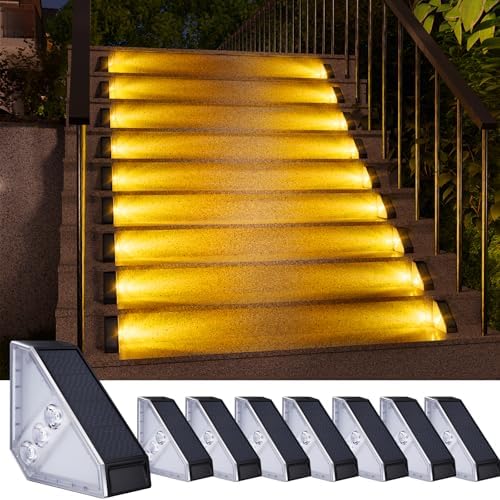 KINKAI Solar Step Lights for Outside, 8 Pack Triangle Stair Light Outdoor Waterproof Deck Lighting for Garden, Patio, Yard, Front Door, Porch Decor (Warm Light)