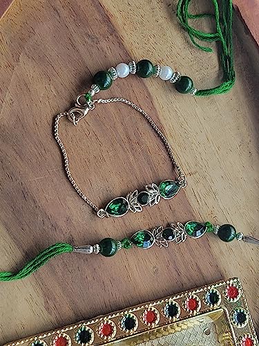 Image of Mahi Bhaiya Bhabhi Rakhi Set with Crystals and Meenakari Work Bracelet Style Lumba - Rakhi for Brother and Bhabhi(PARCOL1105339PR)