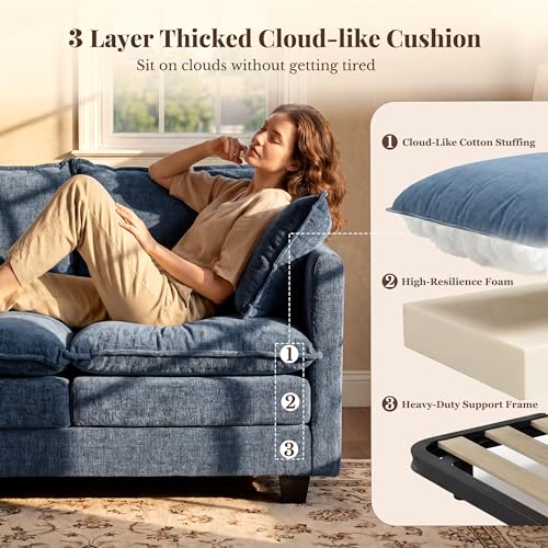 Image of Loveseat Sofa with Ottoman, Cloud 3-Layer Cushion, 27 inch Deep Seat Love Seat Small Couch with 2 Pillows for Small Spaces, Bedroom, Apartment, Office, Living Room, in a Box, 50-Inch Blue