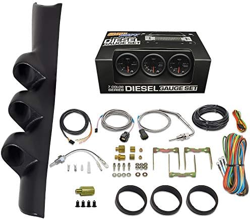 GlowShift Diesel Gauge Package Compatible with Dodge Ram Cummins 2500 3500 1994-1997 - Black 7 Color 60 PSI Boost, 1500 F Pyrometer EGT & Transmission Temp Gauges - Black Triple Pillar Pod