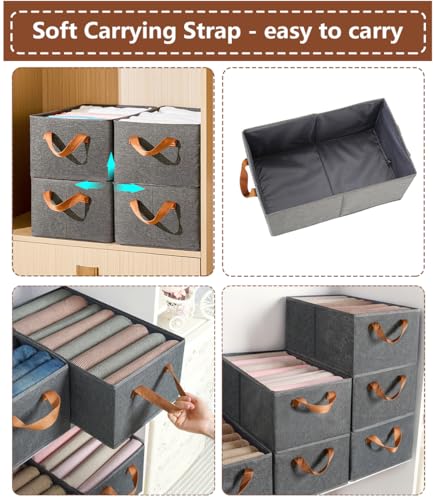 Image of Wardrobe Storage Organiser Set of 3, Foldable Fabric Storage Baskets with Handles and Reinforced Sides, Stackable Clothes Storage Boxes for Shelves, Cupboard, Wardrobe, Grey, 45x28x20 cm