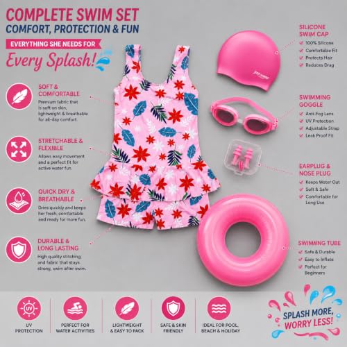 Image of LEBAMI Kids Girls One piece Swimsuit Combo Kit | Frock Swim Costume with Goggles, Cap, Swimming Tube, Nose Clip & Earplugs | Pool & Beach Swimming Kit