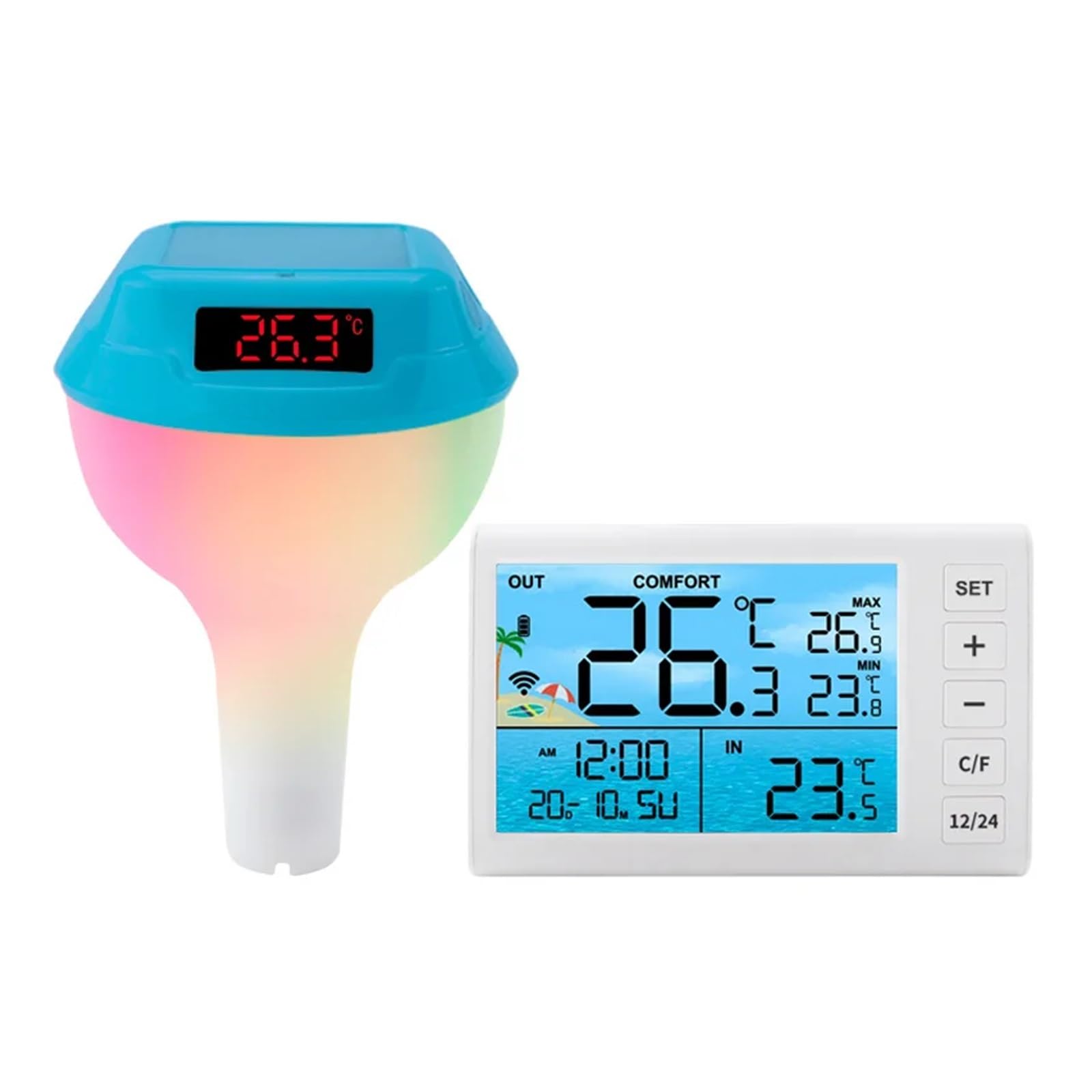 New Wireless Floating Pool Thermometer Solar Pool Thermometer LED Digital Water Thermometer RGB Ambient Light(Ocean blue)