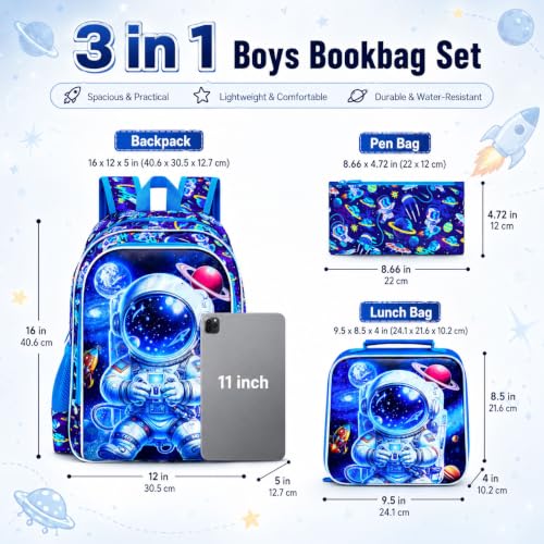 Image of 3Pcs Space Backpack for School, Boys Astronaut Bookbag with Lunch Box, 16 inch Kids Backpacks for Elementary Preschool Kindergarten (Blue)