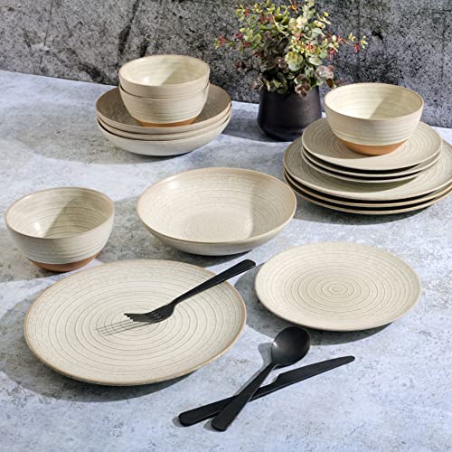 Image of Gibson Elite 16 Piece Dreamweaver Double Bowl Terracotta Reactive Dinnerware Set - Sand Cream, Service for 4 (16pcs)