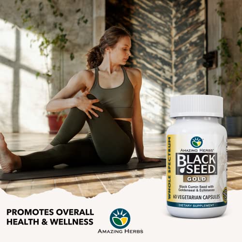 Amazing Herbs Whole Spectrum Black Seed Gold - Black Cumin Seed With Goldenseal & Echinacea, Gluten-Free & Non-Gmo, Immune Support, Promotes Health & Wellness - 60 Count #TOP5