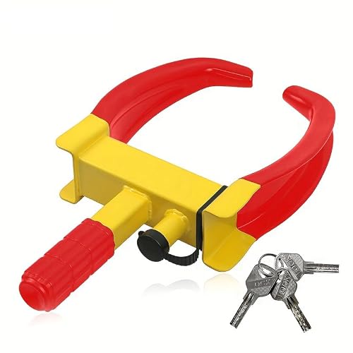 KAIRAY Wheel Tire Lock, Trailer Security Adjustable Lock Set Anti Theft Trailer Wheel Lock for SUV Trailers Car Boat Golf Cart Motorcycle Great Deterrent 3 Keys, Yellow+Red