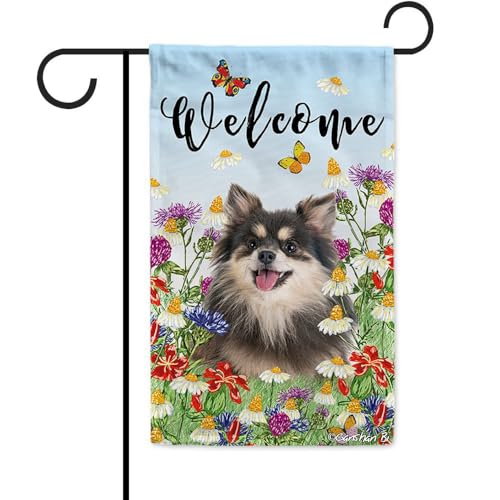 Ganshan Bi Pomeranian Welcome Spring Summer Garden Flag for Outside Dog Colorful Flowers Yard Flag Banner 12.5X18 Inch Double Side Style 2