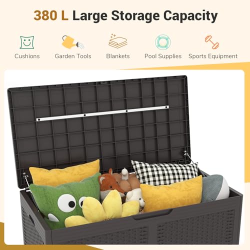 GOPLUS Baúl Almacenaje Exterior 380 L, Arcón de Resina Impermeable con Cerradura y 2 Ruedas Lisas, Superficie de Ratán de Imitación, Caja de Almacenamiento Grande Jardin, 111 x 56 x 61 cm (Marrón) - imagen 4