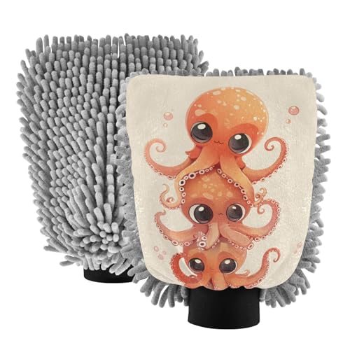 ALAZA Cute Octopuses Car Wash Mitt Scratch Free, 2 Pack Absorbent Microfiber/Chenille Washing & Drying Mitts, M