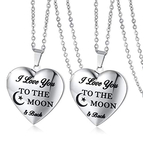 Lockets Necklace That Holds Pictures - I Love You to The Moon and Back Necklace Heart Shaped Locket Necklaces for Women Girls Birthday/Anniversary/Mother's Day Memory Gift (2 PACK)