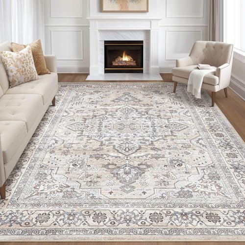 7x10 Area Rug Living Room: Washable Boho Large Neutral Vintage Soft Rugs Stain Resistant Farmhouse Non Slip Indoor Floor Carpet for Bedroom Nursery Kids Playroom Office Dining Room- Ivory Gray