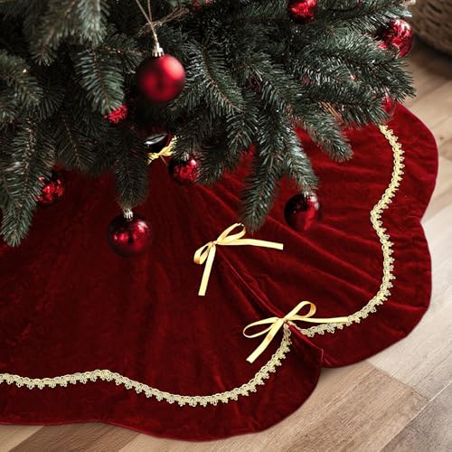 Arrowbash Christmas Tree Skirt 48 Inches Luxury Velvet Fur Scallop Tree Skirt Sparking Gold Lace Trim for Party Rustic Xmas Holiday Decorations Home (Red)