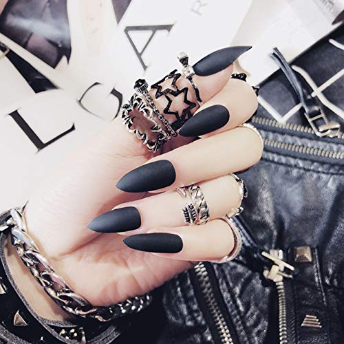 editTime 24PCS Solid Colors Acrylic Stiletto False Nails Full Cover Fake Nails Tips Natural Long Claw Nails (Matte black)
