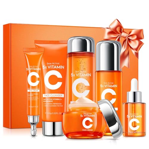 Vitamin C Skin Care Set for Women - 6PCS Skincare Gift Set With Facial Cleanser, Toner, Eye Cream, Serum, Lotion & Face Cream - Moisturizing Skin Care Kit for Anti-Wrinkle, Valentine’s Day Gift